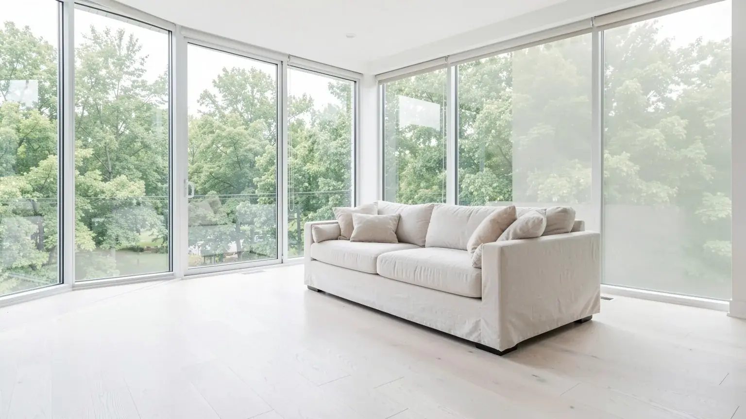 Bright condo living room with floor-to-ceiling windows and a view of trees