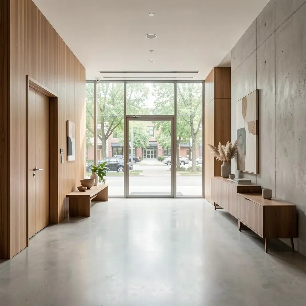Boutique condo lobby in warm wood and concrete