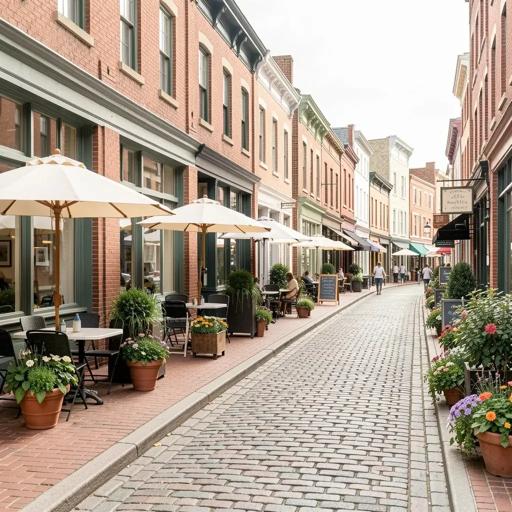 Cobbled market street with café patios in the ByWard Market, Ottawa