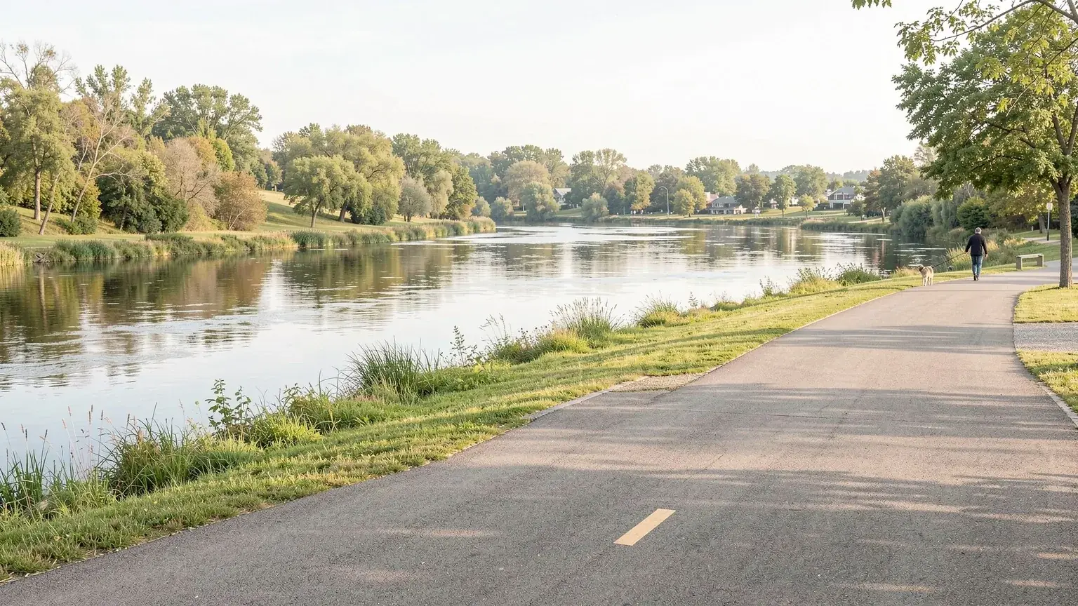Wide calm river with a paved multi-use pathway along the grassy bank